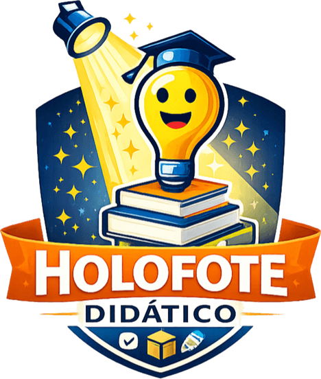 Logótipo da Holofote Didático: uma lâmpada sorridente com chapéu de formatura sobre uma pilha de livros, iluminada por um holofote